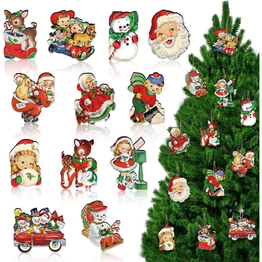 36 Unique Vintage Tree Ornaments - Wooden Snowman, Reindeer & Girl Designs